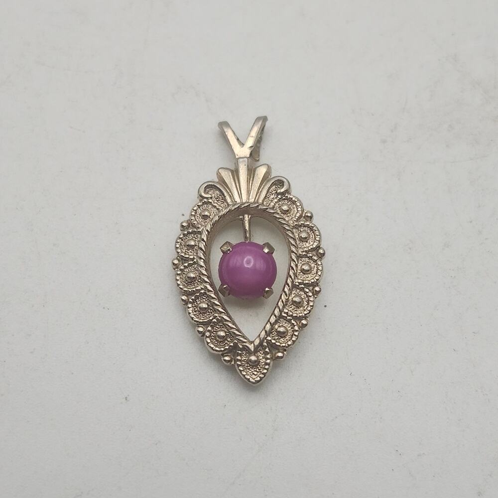 Vintage 12K Gold Filled Pink Spinel Cabochon Filigree Teardrop Pendant Victorian